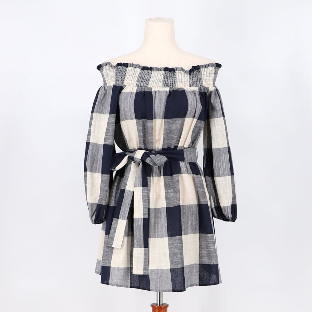 NWT TULAROSE Maxine Dress in Navy Check Smocked Neckline Belted Waist Size M